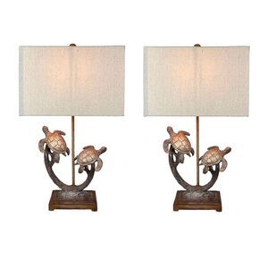 Set of 2 Double Sea Turtle Table Lamps Coastal Nautical Resin 27.75" w/Shades
